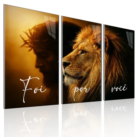 Quadros Decorativos 3 Pçs Sala Quarto Religioso Leão Foi Por Voçe