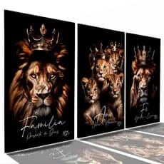 Kit 3 Peças Quadro Decorativo Leão Família 4 Filhotes Leão Rei Leoa Rainha Coroa Sala Quarto Hall