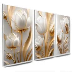 Quadros Decorativos Flor Tulipa Dourada e Branca 3 Peças Mosaico Sala Quarto Escritório