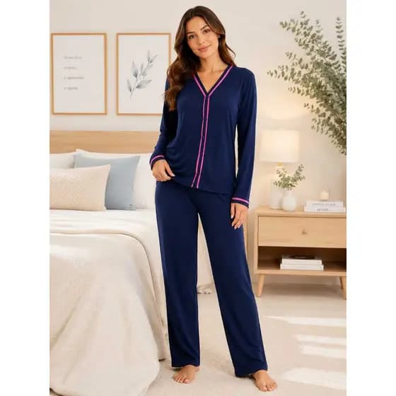 PIjama Manga Comprida Aberto  Inverno Feminino Adulto Blogueira Pijama Com Detalhes em Botões