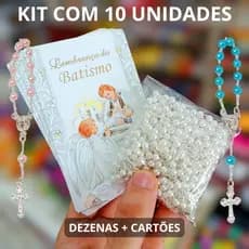 Lembrancinha de Batizado - Lembrança Kit 10 Mini Terço + Cartão Cores Azul Rosa Branco Perolado