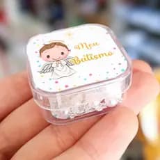 Lembrancinha de Batizado Kit Mini Terço Perolado com Potinho Anjinho Meu Batismo