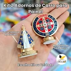 Adorno Painel Carro Nossa Senhora Aparecida e Medalha São Bento Metal Autocolante
