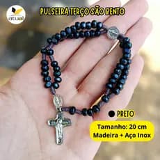 Pulseira Terço São Bento Preto Aço Inox Cruz Metal Ajustável 20cm Unissex