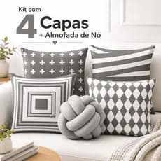 Kit 4 Capas de Almofada Decoração Casa Luxo Listras Cinzas + Almofada Nó Silicone Premium