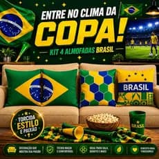 Kit Copa do Mundo 4 Capas de Almofada Decoração Brasil