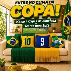 Kit Decoração Copa do Mundo Manta Sofá + Kit 4 Capas de Almofada Brasil