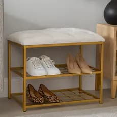 Sapateira Banco 2 Andares 47x30x60cm Metal Dourado com Assento Estofado Veludo Organizador