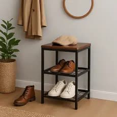 Sapateira Banco 2 Andares 30x30x48cm Metal Preto com Assento em Madeira Organizador de Sapatos