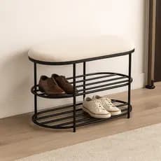 Sapateira Banco Oval Preto Design Moderno Organizador de Sapatos com Assento Estofado Entrada