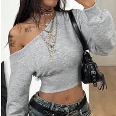 Blusa Cropped Lizzy Um Ombro Só Moletinho Manga Longa Feminina