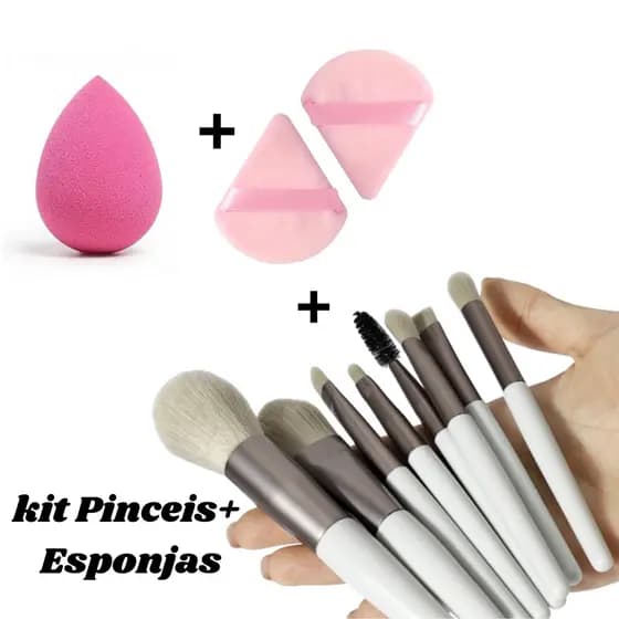 Kit Maquiagem Profissional Com 8 Pincéis + 3 Esponjas Para Base/ Pó/ Blush e Contorno / Acompanha Estojo - WL