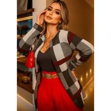 CASACO KIMONO FEMININO JACARD XADREZ INVERNO FRIO TRICÔT ❤️‍🩹