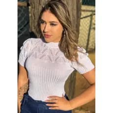 BLUSINHA FEMENINA GARRAFINHA /GOLA ALTA /BABADO TRICOT POLIÉSTER CANELADO/BLUSA FEMININA/MODA BLOGUEIRA ❤️‍🩹