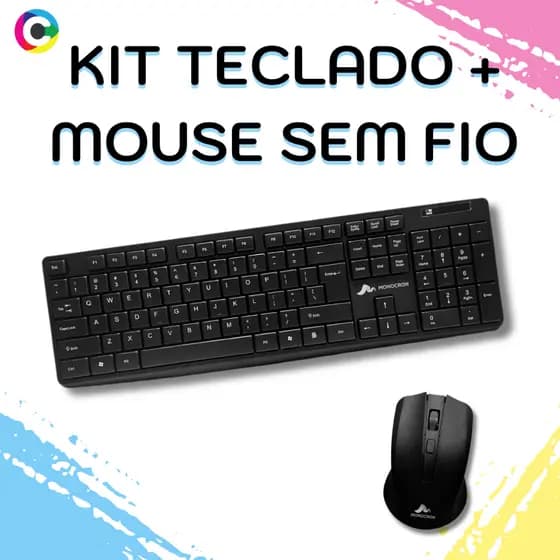Kit Teclado e Mouse Sem Fio Monocron Ergonômico USB 2.4GHz Preto Compacto Escritório Gamer Estudos