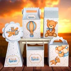 KIT FESTA CHA DE BEBE URSINHOS AZUL ,Personalizado, pegue e Monte Lembrancinhas - Aniversário - Caixinha Personalizadas