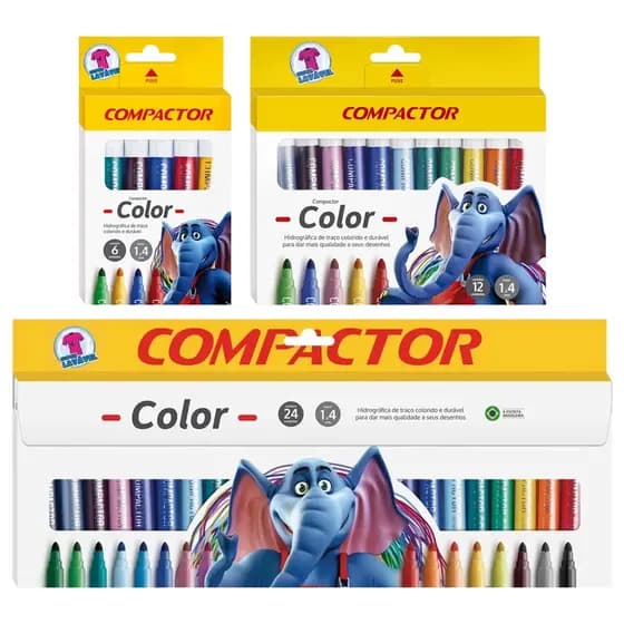 Canetinha Hidrocor Compactor Color Jumbo Ponta Grossa com 6, 12 e 24 Cores
