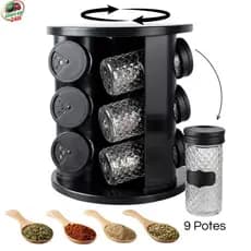 Porta Tempero Giratório, 9 Potes de Vidro, 85ml cada, 360 Graus para Cozinha Moderno com Tampa Dosadora Porta Condimento