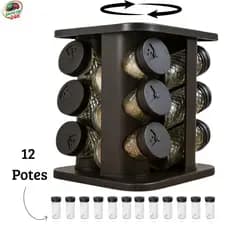 Porta Tempero Giratório, 12 Potes de Vidro, 85ml cada, 360 Graus, para Cozinha, Porta Condimento Moderno com Tampas