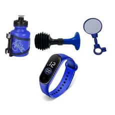 Kit Relógio Digital Com Buzina Espelho Garrafinha Azul Infantil Para Bicicleta Bike Criança Estilo