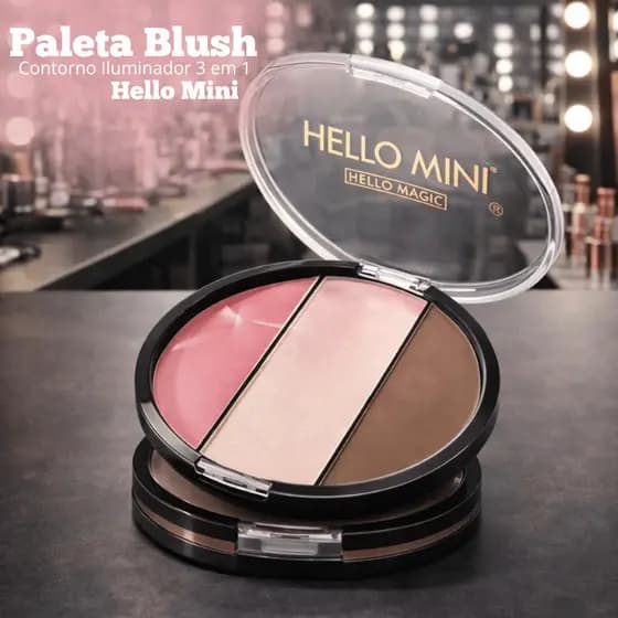 Paleta Blush Contorno Iluminador 3 Em 1 Hello Mini | Maquiagem Profissional | Pele Perfeita