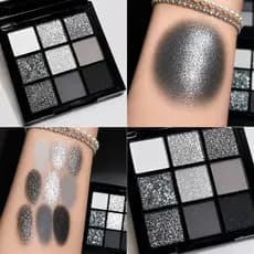 Paleta de Sombras 9 Cores Preto Cinza e Glitter Prata Efeito Esfumado Matte e Brilho Maquiagem Profissional