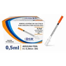 Caixa C/100 Seringas de Insulina 0,5ml (50UI) Agulha Fixa 8 x 0,30mm (30g) - SR