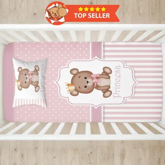 Lençol de Berço Urso 2 Peças (Lençol Elasticado Estampado + Fronha Estampada) Quarto, Decoração