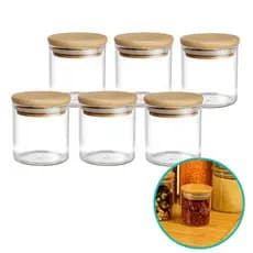 Kit De 12 Potes Hermético Mantimento De Vidro Com Tampa Bambu E Inox 230ml