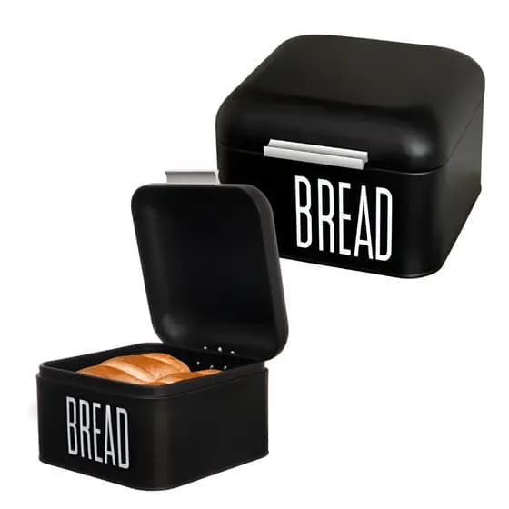 Porta Pão Bolo Em Lata Metal Com Tampa Preto Bread 20x20x13,5cm
