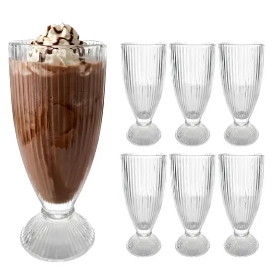 Jogo 6 Taças De Vidro Canelado Sorvete Milk Shake Grafiatto Versalhes Sobremesas 380ml