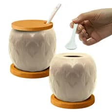 Açucareiro Saleiro De Cerâmica Com Tampa De Bambu E Colher 350ml