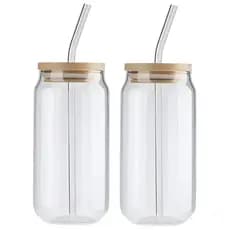 Kit 2 Copo De Vidro 550mL Com Tampa De Bambu E Canudo Multiuso Suco Agua Long Drink