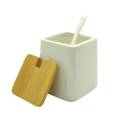 Saleiro Cerâmica Branco Tampa Bambu C/ Colher Açucareiro Tempero