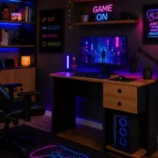 *QUEIMA DE ESTOQUE* Mesa Gamer Escrivaninha com 2 Gavetas e Nicho para CPU Setup Gamer Home Office