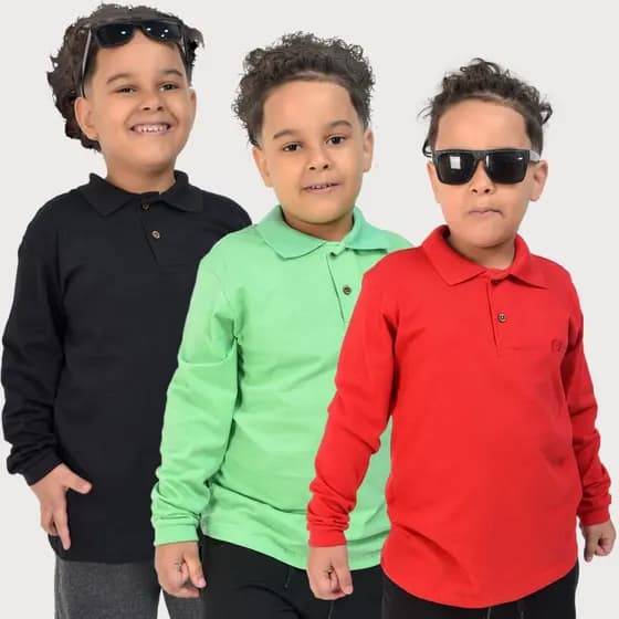 Kit 3 camisa camiseta polo manga longa infantil juvenil masculina