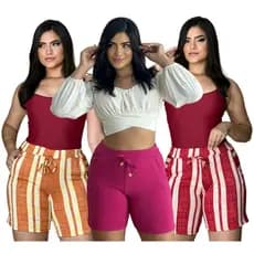 Shorts feminino malha crepe listrados florais com bolso tamanho 36 ao 42