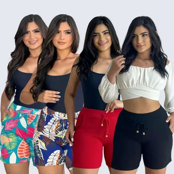 Shorts Feminino Crepe Elatano Com Bolsos Kit Variados Modelos Com Cordão