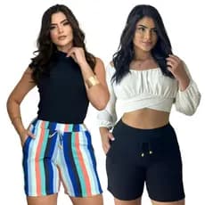 Kit shorts crepe feminino listrado liso e floral premium