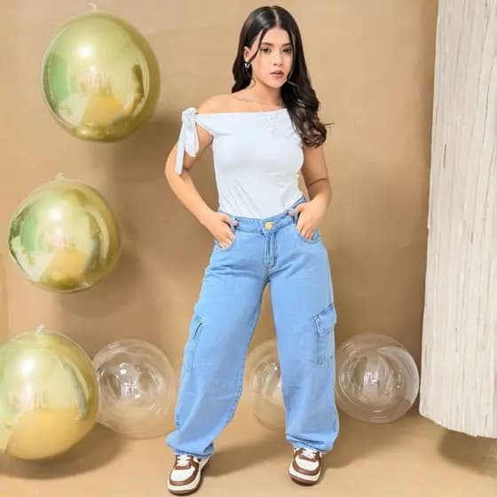 Calça Cargo Street Jeans Com Bolsos Pantalona Para Menina Infantil Juvenil