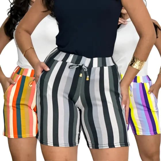 Shorts crepe feminino stretch listrado e floral premium bermuda estilosa