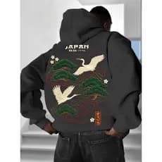 Moletom Casual Masculino com Estampa de Garça Japonesa, , Estilo Streetwear, Outono/Inverno
