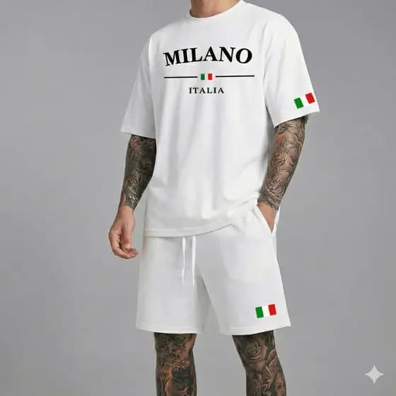 Kit Camiseta + Short Tactel Estampado Milano Itália Premium Envio Imediato