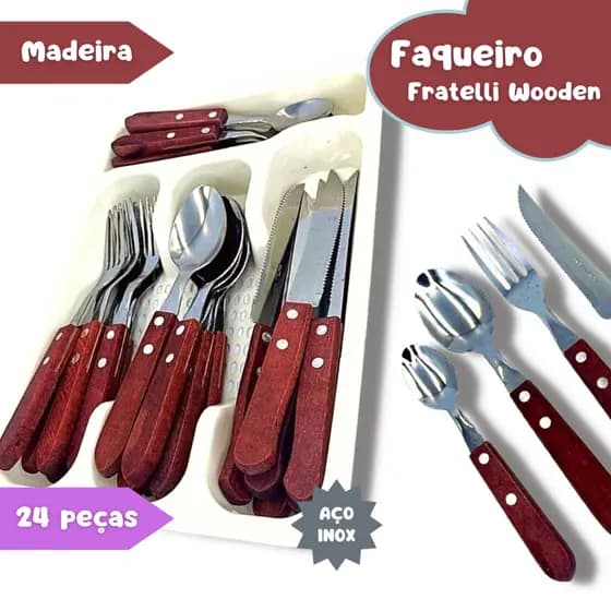 Jogo De Talher Faqueiro Madeira Porta Talher 25 peças Fratelli