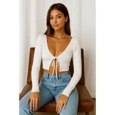 Cropped Manga Longa Ribana Canelada | Com Amarração Na Frente | Casual ( Cropped Amarração )