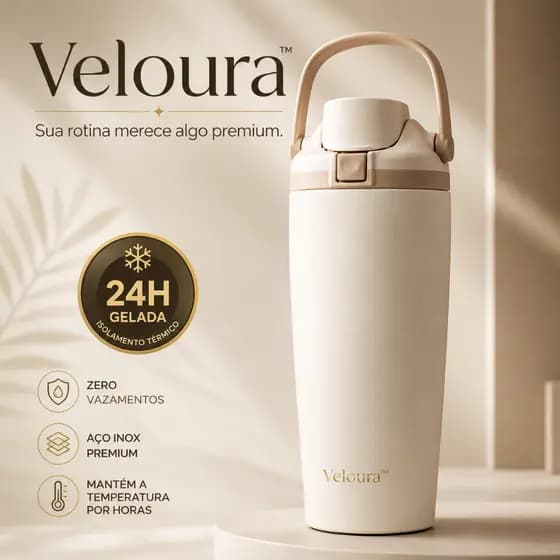 Garrafa Térmica Veloura™ 900ml Inox Portátil com Alça | Mantém Gelado e Quente por Horas | Anti Vazamento Premium