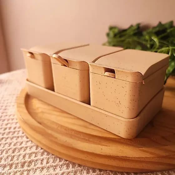 CJ 3 PORTA TEMPERO FIBRA DE BAMBU E PP COM COLHER E BANDEJA LINES BEGE 10X18X7CM