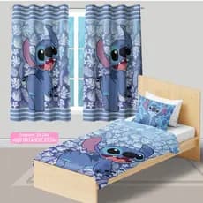 Kit Jogo Quarto Infantil Cortina + Jogo Lençol, kit Solteiro 3 Peças Lilo Stitch Casa Decoração