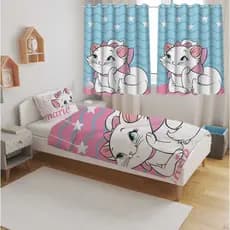 Kit Jogo Quarto Infantil Cortina + Jogo Lençol Kit Solteiro 3 Peças  Casa Decoração Gatinha Marie