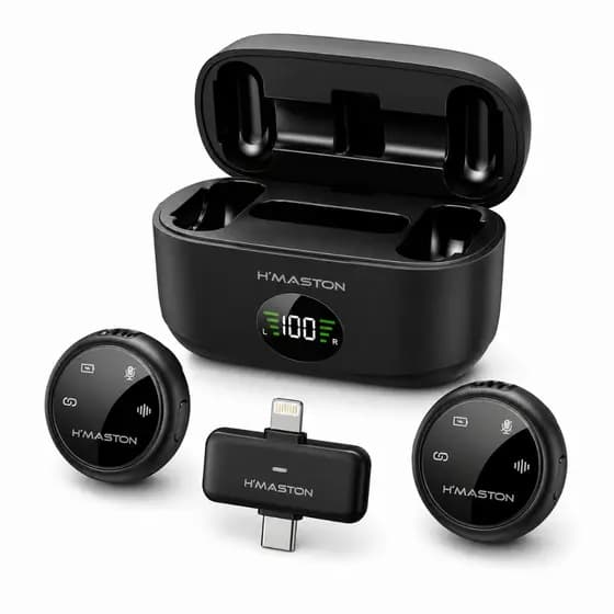 Microfone De Lapela Sem Fio Duplo com 2 Microfones Display LED Alcance 20m Profissional Magnético H’maston MK23
